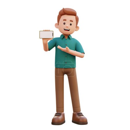 Foto de 3d personaje masculino sosteniendo y presentando a un teléfono inteligente con pantalla vacía en el paisaje - Imagen libre de derechos