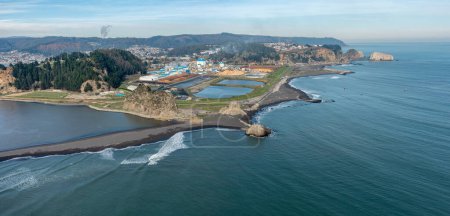 Part of city Constitucion Chile and coastline Pacific Ocean, aerial view.