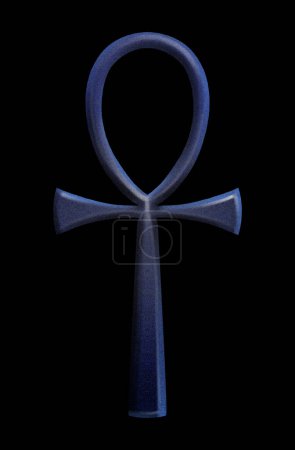Téléchargez les photos : Un symbole bleu ankh dans le style de l'aérographe numérique. Design égyptien antique isolé sur fond noir - en image libre de droit