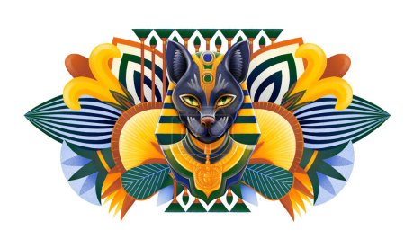 Bastet goddes. Cat wearing pharaohs headdress surrounded by abstract plants. Digitally drawn mythical symbol of an atient Egypt. Simplified and stylized portrait isolated on a white background
