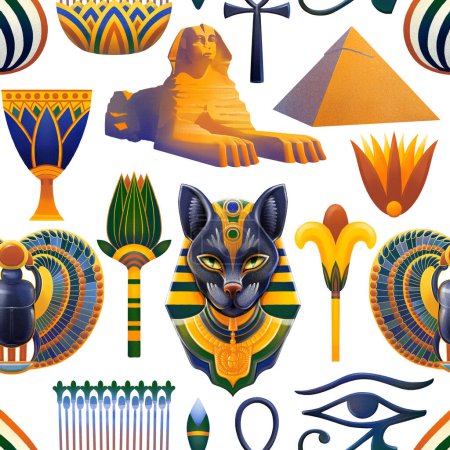 Téléchargez les photos : Ensemble de symboles de l'Egypte ancienne. Pyramide, scarabée, bastet, ankh, oeil de horus, plantes n la technique d'un aérographe. Motif sans couture répété peint numériquement - en image libre de droit