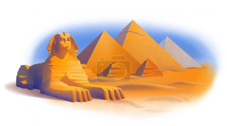 Pyramide complexe de Gizeh avec un sphinx devant dans un désert de sable sous le ciel bleu. Illustration numériquement peinte de l'Egypte dans le style aérographe.