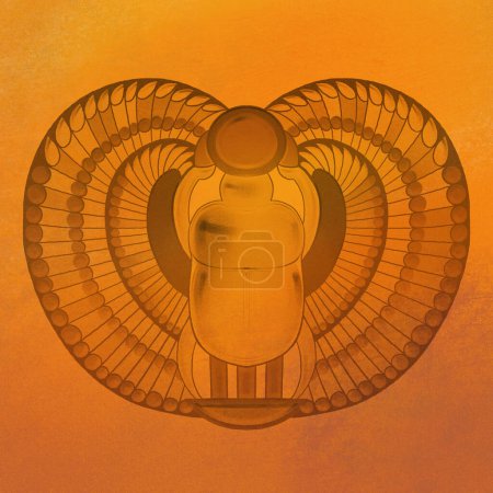Téléchargez les photos : Scarabée ornemental réaliste dessiné dans la technique d'un aérographe. Symbole égyptien antique peint numériquement sur un fond texturé orange - en image libre de droit