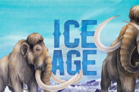 Téléchargez les photos : Mammouths aquarelle marchant dans un paysage de montagne enneigé. Illustration peinte à la main de l'âge glaciaire - en image libre de droit