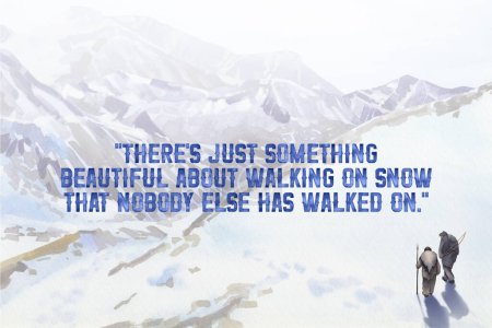 Motivational quote in front of a scene of cavemen walking in a snowy mountain landscape. Hand-painted watercolor illustration of the Ice Age