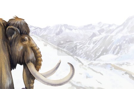 Téléchargez les photos : Mammouth aquarelle marchant dans un paysage de montagne enneigé. Illustration peinte à la main de l'âge glaciaire - en image libre de droit
