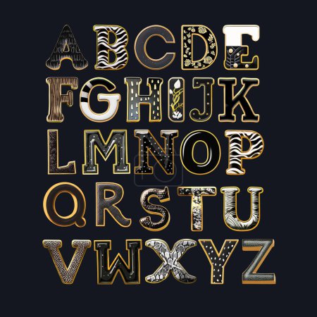 Photo for Whimsical font consist of a letter in a various fusion style. Set of different letters and numerals isolated on a black background - Royalty Free Image