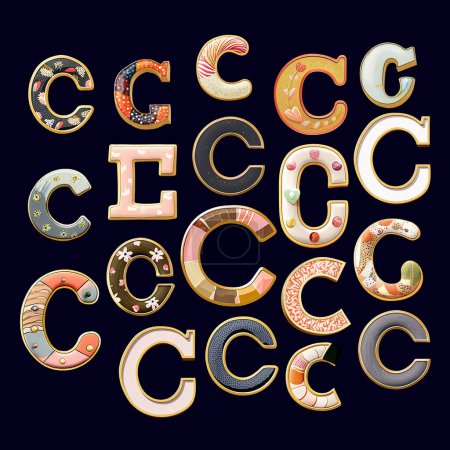 Téléchargez les photos : Collection fantaisiste d'une lettre C variée dans un style fusion. Ensemble d'éléments de design isolés sur un fond noir - en image libre de droit