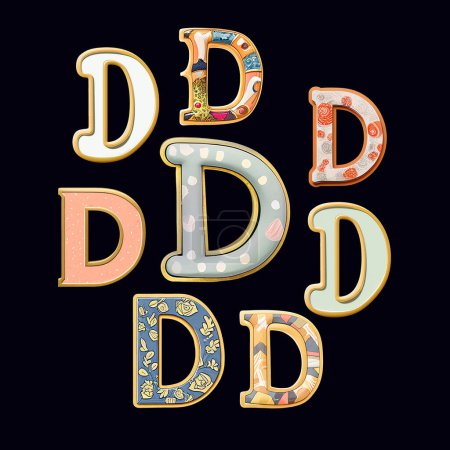 Photo for Whimsical collection of a various D letter in a fusion style. Set of a design elements isolated on a black background - Royalty Free Image