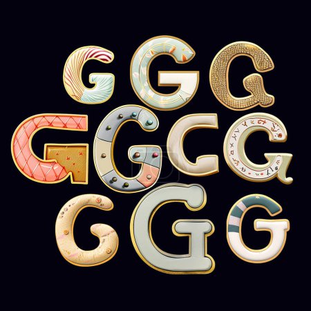 Téléchargez les photos : Collection fantaisiste d'une lettre G dans un style fusion. Ensemble d'éléments de design isolés sur un fond noir - en image libre de droit