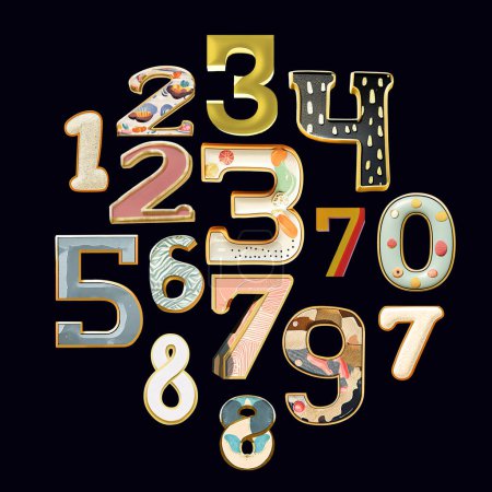 Photo for Whimsical collection of a various numerals letter in a fusion style. Set of a design elements isolated on a black background - Royalty Free Image