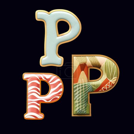 Téléchargez les photos : Collection fantaisiste d'une lettre P variée dans un style fusion. Ensemble d'éléments de design isolés sur un fond noir - en image libre de droit
