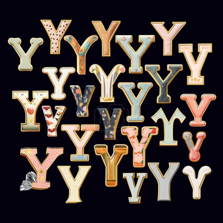 Photo for Whimsical collection of a various Y letter in a fusion style. Set of a design elements isolated on a black background - Royalty Free Image