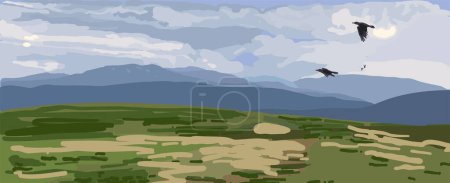 Ilustración de Vistas panorámicas a la montaña con cuervos en un cielo nublado. Paisaje vectorial. Formato horizontal - Imagen libre de derechos