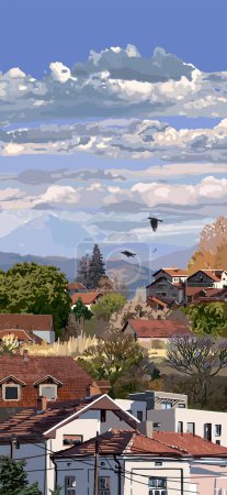 Téléchargez les illustrations : A picturesque view of a cozy city with small houses with red tiled roofs among the mountains under a blue cloudy sky. Vector cityscape. Long vertical format - en licence libre de droit