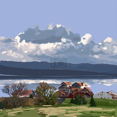Téléchargez les illustrations : Picturesque view of a cozy city with small red roof houses on the shore of a lake with mountains reflected in it under a blue cloudy sky. Vector landscape - en licence libre de droit