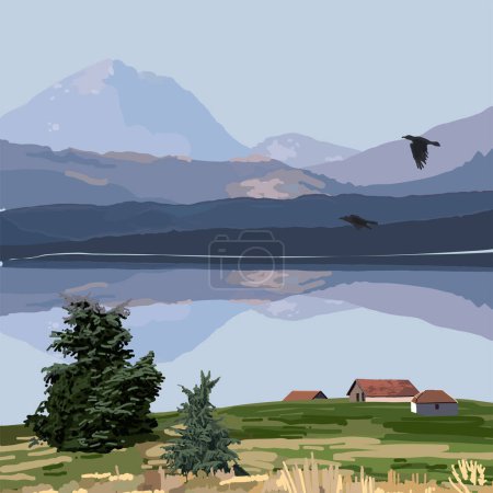 Téléchargez les illustrations : Picturesque view from the shore of a lake with mountains reflected in it under a blue sky. Vector landscape - en licence libre de droit
