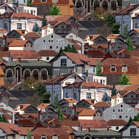 Ilustración de Grupo de pequeñas casas en una montaña con paredes blancas y techos de tejas rojas. Serbia, Balcanes. Vector patrón sin costura repetido - Imagen libre de derechos