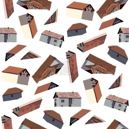 Ilustración de Small cozy houses with red tiled roofs. Serbia, Balkans. Vector repeated seamless border - Imagen libre de derechos