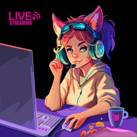 Illustration for Girl gamer or streamer with cat ears headset sits at a computer with some drink and snaks on a table. Cartoon anime style. Vector character isolated on black background - Royalty Free Image
