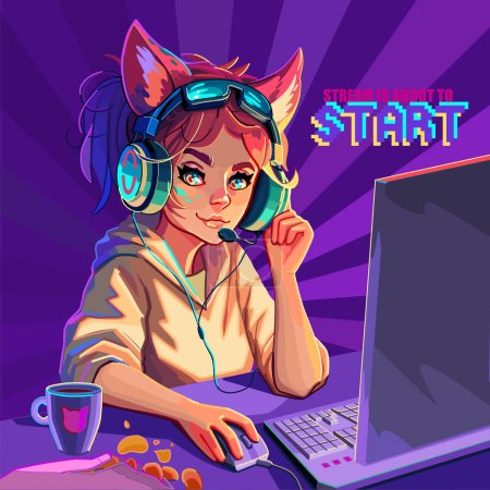 Girl gamer or streamer with cat ears headset sits at a computer with some drink and snaks on a table. Cartoon anime style. Vector character isolated over an abstract radiant background