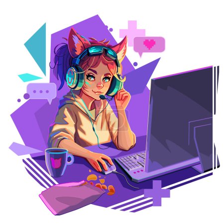 Girl gamer or streamer with cat ears headset sits at a computer with an abstract geometric backdrop. Cartoon anime style. Vector character isolated on white background