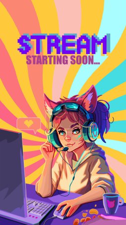 Illustration for Girl gamer or streamer with cat ears headset sits at a computer. Cartoon anime style. Vector character isolated on white background - Royalty Free Image
