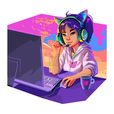 Téléchargez les illustrations : Asian girl gamer or streamer with cat ears headset sits at a computer with an abstract lava lamp backdrop. Cartoon anime style. Vector character isolated on white background - en licence libre de droit