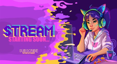 Asian girl gamer or streamer with cat ears headset sits at a computer with some drink and snaks on a table. Cartoon anime style. Vector character with a notificational phrase over