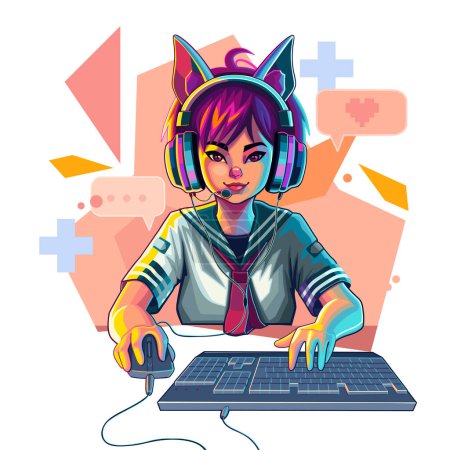 Illustration for Asian girl gamer or streamer with cat ears headset sits in front of a computer with her mouse and keyboard. Cartoon anime style. Vector character isolated on an absctract geometric background - Royalty Free Image