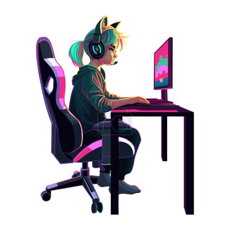 Illustration for Girl gamer or streamer with a cat ears headset sits in front of a computer. Side view, cartoon anime style. Vector character isolated on white background - Royalty Free Image