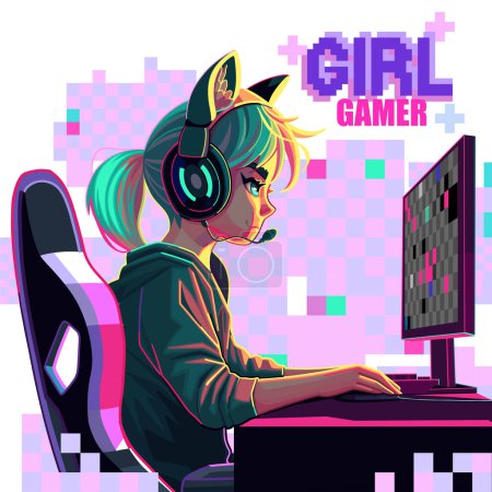 Illustration for Girl gamer or streamer with a cat ears headset sits in front of a computer over an absctract pixel. Side view, cartoon anime style. Vector character design isolated on white background - Royalty Free Image