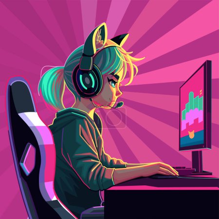 Illustration for Girl gamer or streamer with a cat ears headset sits in front of a computer. Side view, cartoon anime style. Vector character isolated on an absctract radiant background - Royalty Free Image
