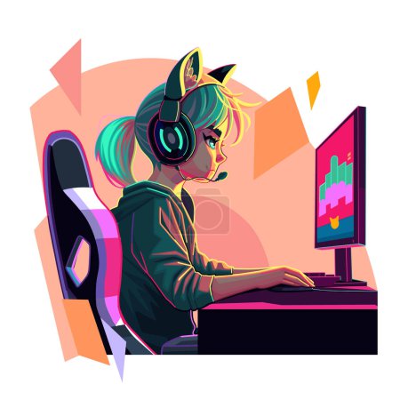 Illustration for Girl gamer or streamer with a cat ears headset sits in front of a computer over an abstract graphic composition. Side view, cartoon anime style. Vector character design isolated on white background - Royalty Free Image