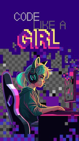Illustration for Girl programmer with a cat ears headset sits in front of a computer. Side view, cartoon anime style. Vector character isolated on an absctract pixel background - Royalty Free Image