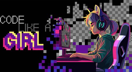 Asian girl programmer with a cat ears headset sits in front of a computer. Side view, cartoon anime style. Vector character isolated on an absctract pixel background