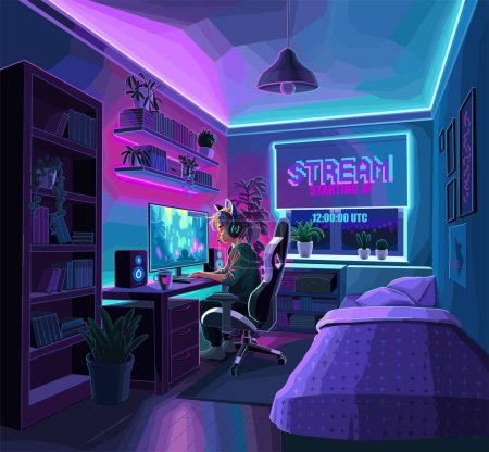 Cute asian girl gamer or streamer with a headset sits in front of a computer in her cozy teenage neon lit room. Side view, cartoon anime style. Vector character in anime style