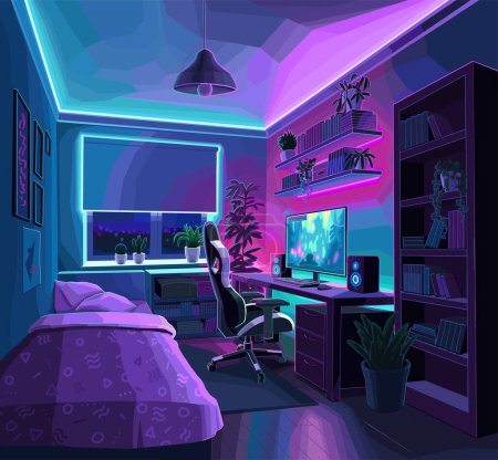 Typische Inneneinrichtung eines sehr gemütlichen Schlafzimmers eines jugendlichen Spielers mit Computer und nächtlicher Neonbeleuchtung. Vektorillustration