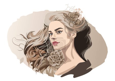 Illustration for Portrait of a beautiful brunette girl with loose curly hair decorated with flowers. Vector illustration isolated on white background - Royalty Free Image