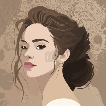 Portrait of a beautiful brunette girl with curly hair with a beam. Vector illustration isolated on an abstract ornate background