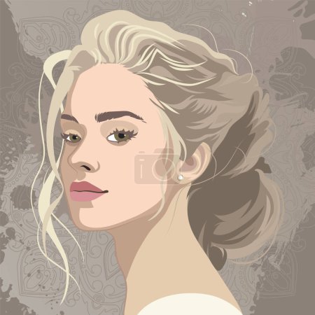 Illustration for Portrait of a beautiful blonde girl with curly hair with a beam. Vector illustration isolated on an abstract ornate background - Royalty Free Image