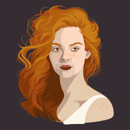Illustration for Portrait of a beautiful girl with freckles and red loose hair. Vector illustration isolated a black background - Royalty Free Image