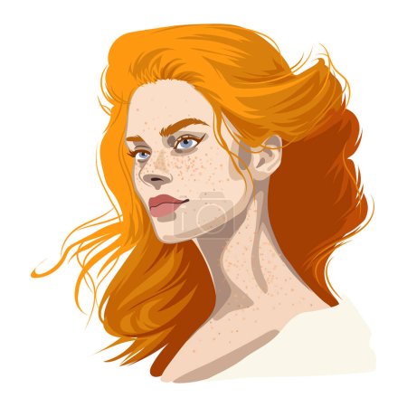 Illustration for Portrait of a beautiful girl with freckles and red loose hair. Vector illustration isolated on white background - Royalty Free Image