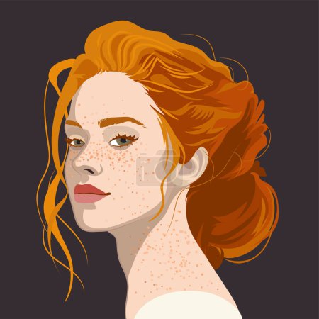 Illustration for Portrait of a beautiful girl with freckles and red hair with a beam. Vector illustration isolated on a black background - Royalty Free Image