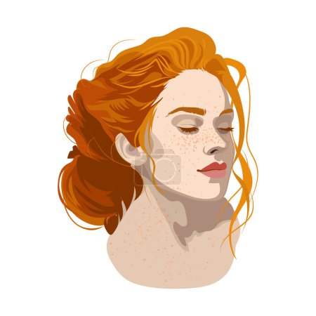 Illustration for Portrait of a beautiful girl with closed eyes, freckles and red hair with a beam. Vector illustration isolated on white background - Royalty Free Image