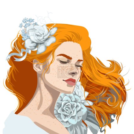Illustration for Portrait of a beautiful girl with closed eyes, freckles and red loose hair decorated with flowers. Vector illustration isolated on white background - Royalty Free Image