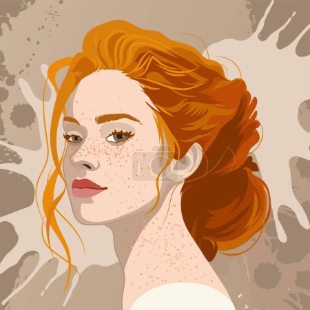 Illustration for Portrait of a beautiful girl with freckles and red hair with a beam. Vector illustration isolated on an abstract background - Royalty Free Image