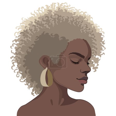 Ilustración de Retrato de una hermosa chica africana con pelo rubio rizado corto. Ilustración vectorial aislada sobre fondo blanco - Imagen libre de derechos