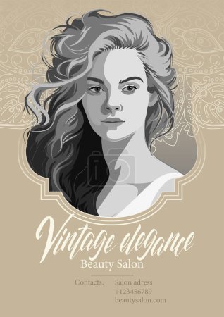 Illustration for Portrait of a beautiful girl with loose curly hair. Grayscale. Vector illustration isolated on an abstract ornate background - Royalty Free Image