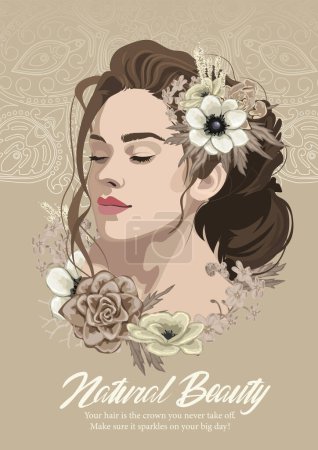 Illustration for Portrait of a beautiful brunette girl with curly hair with a beam decorated with flowers. Vector illustration isolated on an abstract ornate background - Royalty Free Image